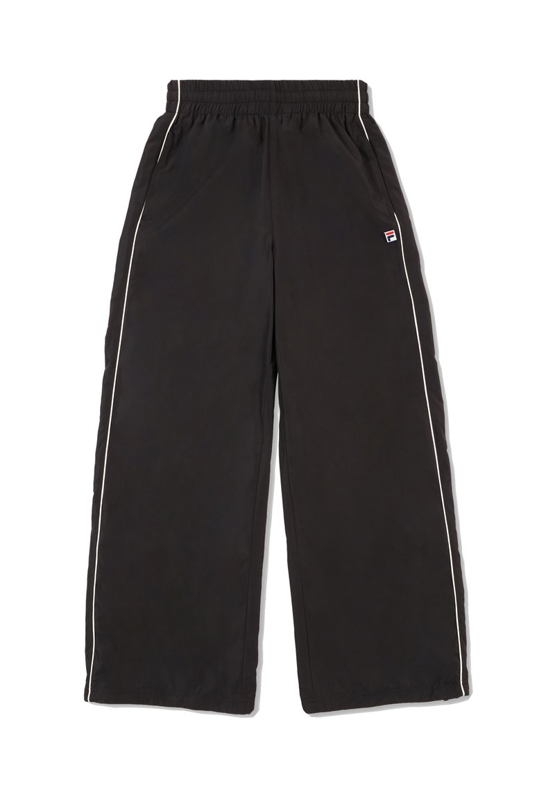 Zwarte wijde broek van lichtgewicht materiaal, met witte zijstreep en een elastische tailleband voor extra comfort.