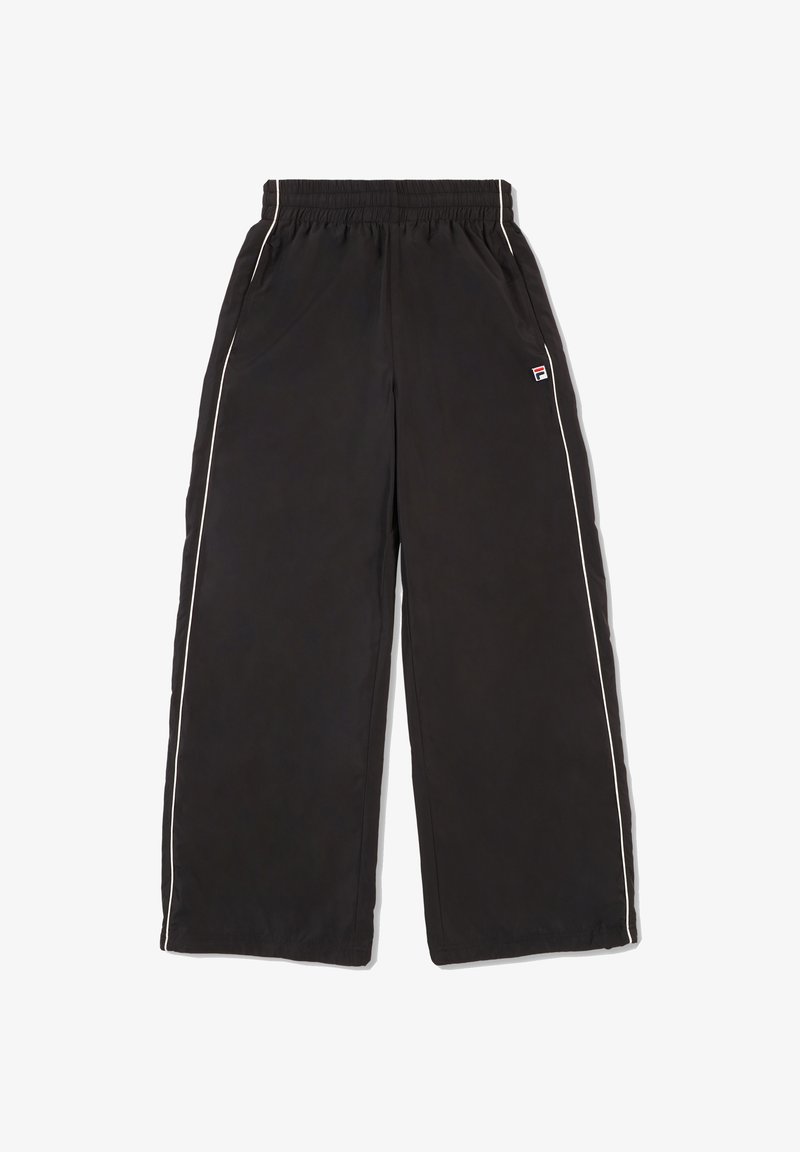 Zwarte wijde broek van lichtgewicht materiaal, met witte zijstreep en een elastische tailleband voor extra comfort.