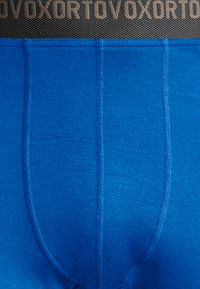 Blue cotton boxer briefs with a textured finish, featuring a black elastic waistband with brand logo, and stitching detail.