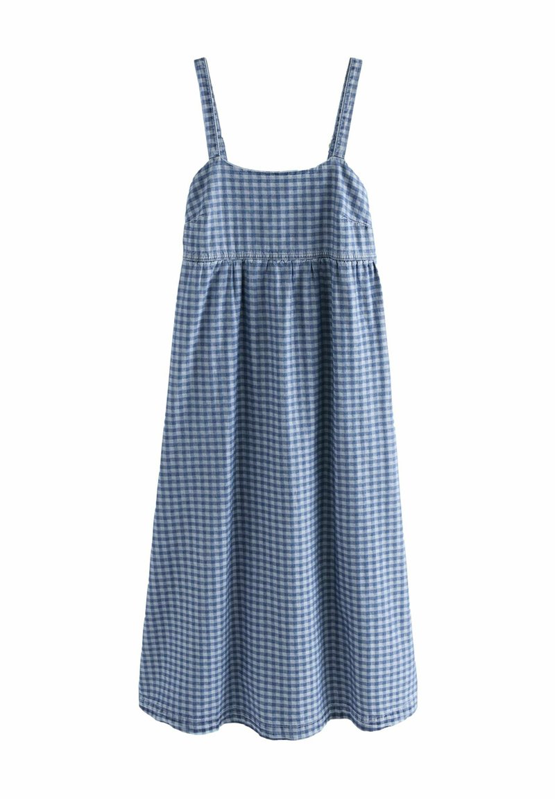 Sininen ja valkoinen ruudullinen mekko ohuilla olkaimilla, rypistetty vyötärö ja löysä, polvipituinen hameosa. Valmistettu kevyestä kankaasta.