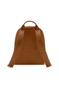Brown leather backpack with a rounded shape, padded shoulder straps, and a top handle. Features a smooth texture and minimalist design.