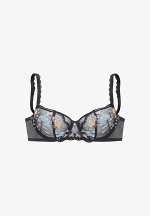 Black lace bra with blue and beige floral embroidery and scalloped adjustable straps on a white background.