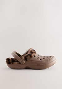 Brown rubber clog with leopard print faux fur trim, side ventilation holes, and adjustable back strap. Lightweight and easy to wear.