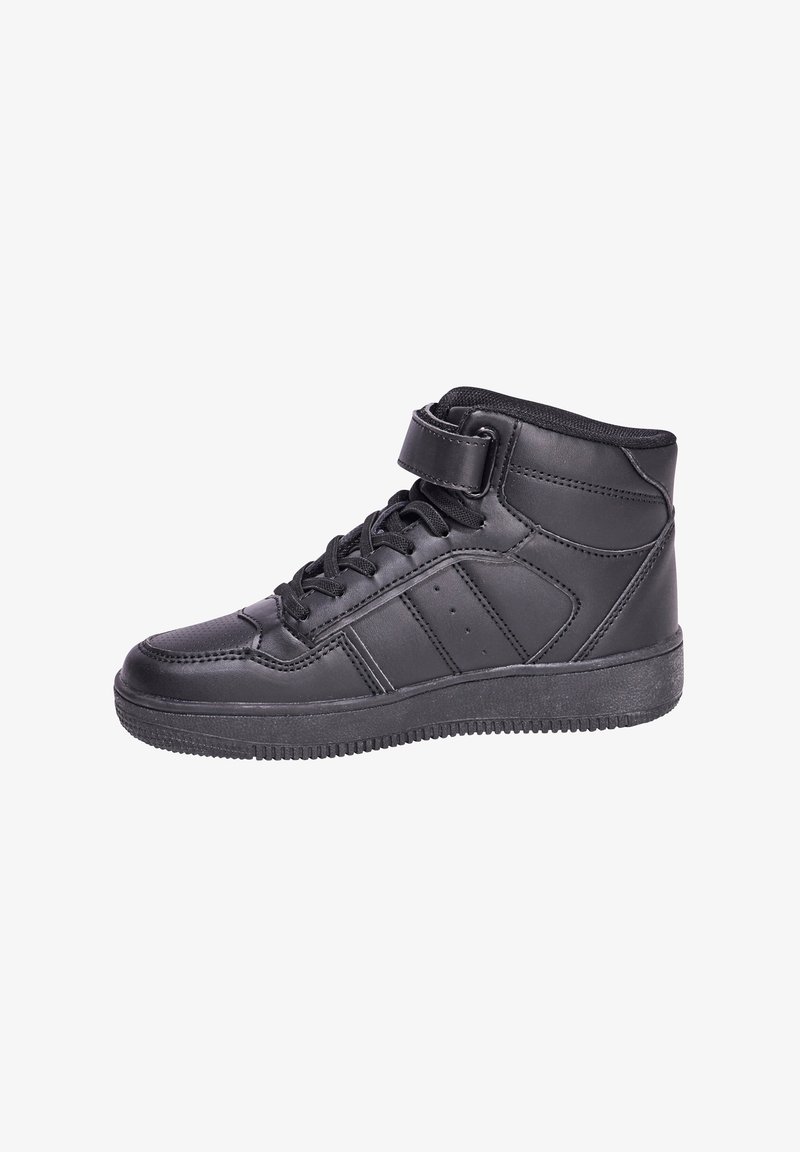 Schwarze High-Top-Sneaker aus synthetischem Leder mit gepolstertem Kragen, Schnürsenkeln und einem Klettverschluss. Mit strukturiertem Gummisohle und seitlichen Streifen.