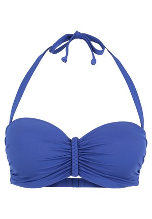Blauer Bikini-Oberteil mit Bandeau-Design, geflochtener Mittelverzierung und verstellbaren Bindebändern für eine individuelle Passform. Glatter Stoff.