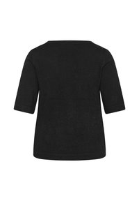 Czarny t-shirt z krótkim rękawem o luźnym kroju, z delikatnym połyskiem i prostokątnym dekoltem. Materiał wydaje się gładki i lekki.