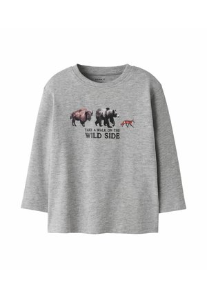 Gray long-sleeve T-shirt made of soft fabric featuring animal graphics (bison, bear, fox) and the text "TAKE A WALK ON THE WILD SIDE."