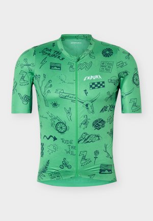 Green cycling jersey with full zipper, black doodles including a skull, mountain, bicycle, and phrases like "Ride the wild" and "For the joyriders."
