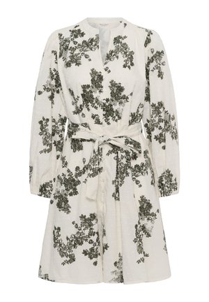 Weißes knielanges Kleid mit langen Puffärmeln, Knopfleiste vorne, Taillengürtel und durchgehendem dunkelgrünem Blumenmuster.