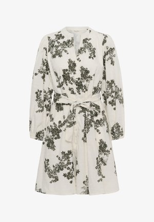 Fehér, térdig érő ruha hosszú, fodros ujjakkal, gombos előlappal, derekán kötő övvel, sötétzöld virágmintával az egész ruhán.