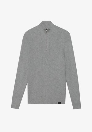 Pull en maille côtelée gris avec un col montant et fermeture éclair demi-zip. Équipé de manches longues et d'une petite étiquette de marque en bas.