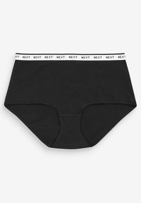 Svart bomullshigh-waisted underkläder med ett vitt elastiskt midjeband märkt "NEXT". Slät textur, traditionell form och inga synliga mönster.
