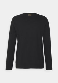 Czarna koszula z długim rękawem, wykonana z miękkiej bawełny, z okrągłym dekoltem i minimalistycznym wzornictwem, z małym złotym logo na tylnym dekolcie.