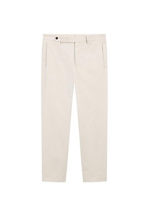 Pantaloni in cotone beige con design a gamba dritta, dotati di tasche laterali, chiusura con bottone e una texture liscia e uniforme.