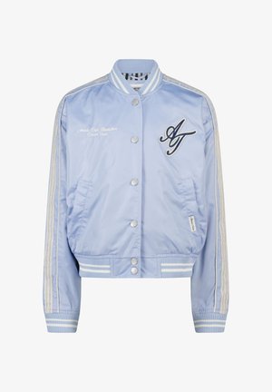 Light blue varsity jacket with white striped cuffs and collar, button front, side pockets, and embroidered text and logo on chest.