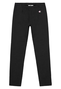 Leggings negras de tela elástica con cintura elástica. Presentan un pequeño logo en el muslo izquierdo, textura suave y un diseño ajustado.