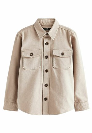 Beige long-sleeve button-up shirt with two front buttoned flap pockets and a collar, made of textured fabric.