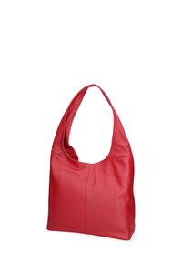 Rode leren hobo tas met een zachte textuur, gebogen schouderband en een slonzig silhouet, voorzien van stiksel details voor een extra design.