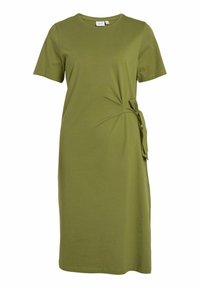 Olivově zelené šaty s krátkými rukávy, kulatým výstřihem a zavazováním v pase. Vyrobeno z měkké, hladké tkaniny pro pohodlí.