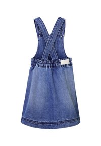 Blaue Jeans-Überwurfkleid mit gekreuzten Trägern und elastischem Bund, entworfen für Kinder.