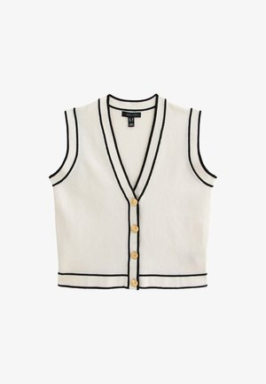 Sleeveless white knit vest with black trim, featuring a deep V-neck, five golden buttons at the front, and a textured fabric finish.
