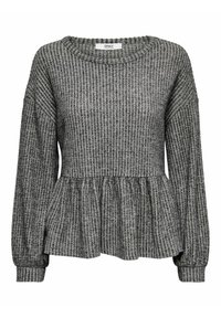 Grau gestreifter Pullover mit langen Ärmeln, rundem Ausschnitt und gerafftem Peplum-Saum. Weicher Stoff, lässiges Design mit dezenten vertikalen Streifen.