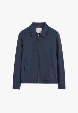 Veste légère pour homme bleu marine avec col pointu, fermeture éclair frontale, deux poches latérales et manches longues.