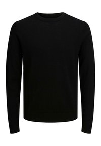 Pull noir à manches longues en tissu lisse ; doté d'un col rond classique et de poignets et ourlet côtelés. Design simple et uni, sans motifs.