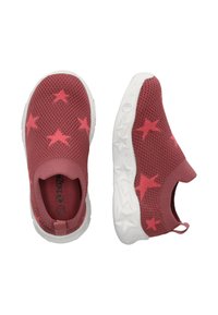 Røde mesh slip-on sko med pink stjernemønstre, hvide gummisåler og et tekstureret design. Har en hælflap for nem påtagning.