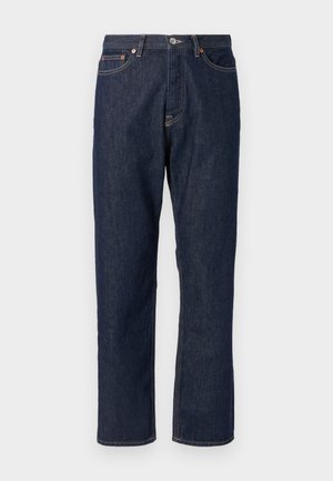 Dark blue denim jeans with a straight leg design. Features a button and zipper closure, five pockets, and contrast stitching details.