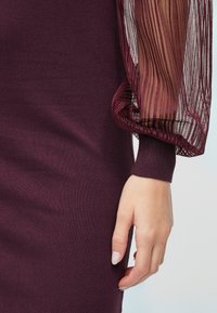 Μπορντό φόρεμα με εφαρμοστό μπούστο και ημιδιαφανή, ριγέ μανίκια σε σχήμα μπαλονιού. Το μανίκι διαθέτει υφή με ανοιχτό πλεκτό σχέδιο και σφιχτό μανσέτα.