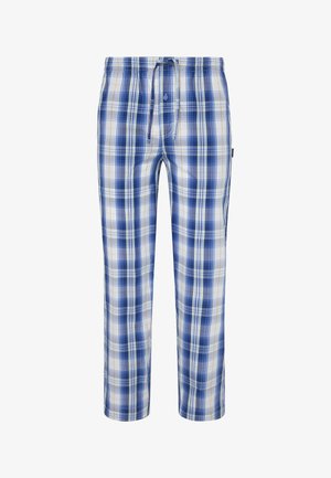 Pantalones de lounge de cuadros azules, hechos de un tejido ligero, con una cinturilla elástica y cordón, y líneas blancas y verdes en contraste.