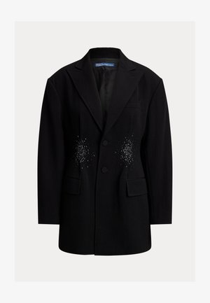 Juodas švarkas su pritaikyta siuvimo forma, įpjautomis atlape, dviem priekinėmis kišenėmis ir krūtinės srityje esančiomis karoliukų detalėmis. Tekstūruota medžiaga.