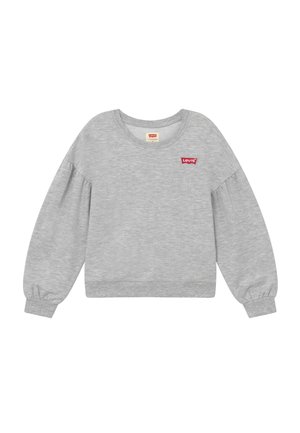 Grå sweatshirt med rund hals, lange puffede ærmer og ribbede manchetter. Har et lille rødt Levi's-logo på forsiden. Blød stoftekstur.