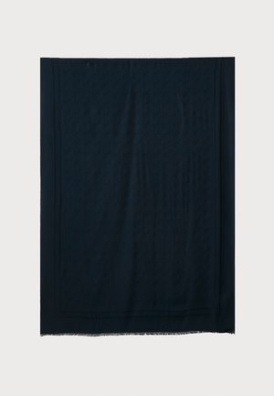 Dark navy scarf made from a soft fabric, featuring a subtle embossed pattern and fringed edges. Square shape with clean lines.