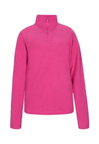 Fleece-Pullover in leuchtendem Pink mit hohem Kragen, kurzem Reißverschluss und langen Ärmeln. Weiche Textur, keine Muster oder Hardware-Details.