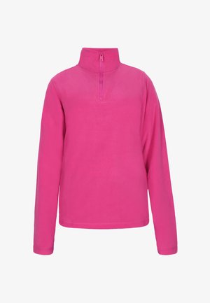 Fleece-Pullover in leuchtendem Pink mit hohem Kragen, kurzem Reißverschluss und langen Ärmeln. Weiche Textur, keine Muster oder Hardware-Details.