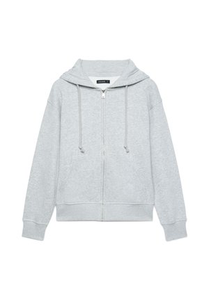 Felpa con cappuccio grigio chiaro con zip, cappuccio con coulisse e tasche frontali, mostrata su sfondo bianco.