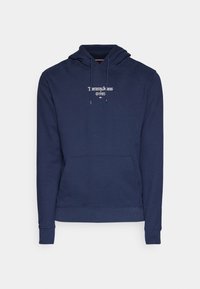 Námořnická modrá mikina s kapucí vyrobená z bavlněné směsi, s přední kapsou, šňůrkou na stažení kapuce a logem "Tommy Jeans ©1985" na hrudi.