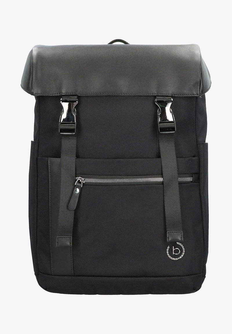 Zaino nero realizzato in tessuto testurizzato con un pattino liscio e lucido. Presenta spallacci regolabili, chiusure in metallo e una tasca frontale con zip.