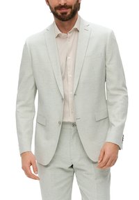 Lichtgrijze blazer met een fijn ruitpatroon, gecombineerd met een beige overhemd met knopen. Inclusief notched lapels en twee voorzakken.