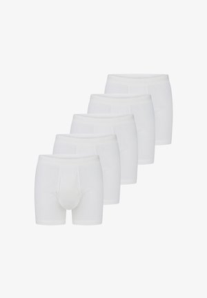 Boxers blancs en coton avec une texture côtelée. Cinq paires présentées, dotées d'une taille élastique confortable et d'une poche avant profilée.