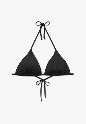 Schwarzer dreieckiger Bikini-Oberteil aus glattem Stoff mit verstellbaren Bindebändern. Verfügt über eine geraffte Textur entlang der Kanten und ein zentrales Bindedetail.
