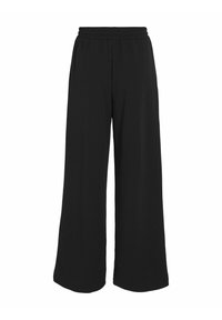 Pantalons larges noirs avec une taille élastique, fabriqués en tissu doux, présentant une coupe décontractée et sans motifs ni accents visibles.