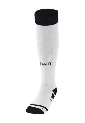 Knæhøj hvid sportsstrømpe med sort ribbet top, med en sort logo og vandrette striber i kontrasterende farver nær foden.