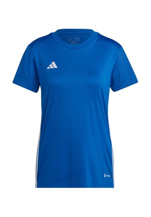 Blaues Sport-T-Shirt aus atmungsaktiver Stoff. Hat kurze Ärmel, einen runden Ausschnitt, weiße Seitenstreifen und ein besticktes Logo.
