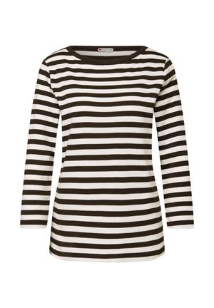 Pitkähihaiset paita, jossa vuoroin ruskeita ja valkoisia vaakaraitoja, pyöreä pääntie ja rento istuvuus. Pehmeä kangas, jonka pinta on sileä.