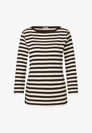 Pitkähihaiset paita, jossa vuoroin ruskeita ja valkoisia vaakaraitoja, pyöreä pääntie ja rento istuvuus. Pehmeä kangas, jonka pinta on sileä.