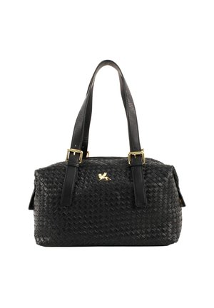 Sac à main en cuir tressé noir avec doubles bretelles, boucles dorées et un petit emblème doré à l'avant.