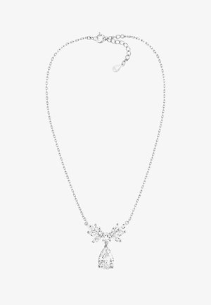 Halskæde med en sølv kæde med en bueformet design, prydet med klare krystaller og en dråbeformet vedhæng.